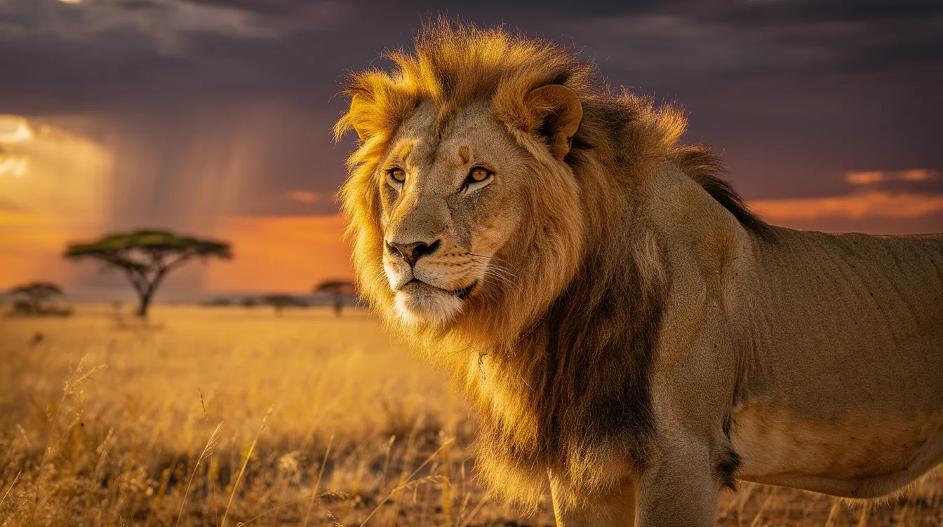 Ein fotorealistisch dargestellter erwachsener Löwe steht majestätisch in einer afrikanischen Savannenlandschaft, während dramatische Wolken den Himmel über ihm bedecken. Diese Szene erinnert an "Der König der Löwen" und vermittelt das Gefühl von Stärke und Königlichkeit in der Tierwelt.