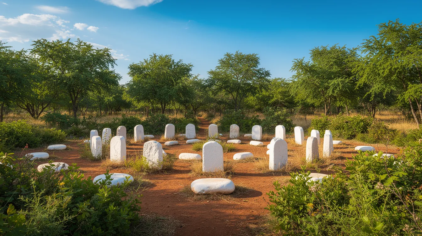 Die afrikanische Gedenkstätte ist mit weißen Steinen gestaltet und von üppiger grüner Vegetation sowie Bäumen umgeben, während der klare blaue Himmel darüber strahlt. Diese Stätte erinnert an die tragischen Ereignisse in Ruanda, darunter den Völkermord, und ist ein Ort des Gedenkens für die Menschen, die vor dem sicheren Tod gerettet wurden.