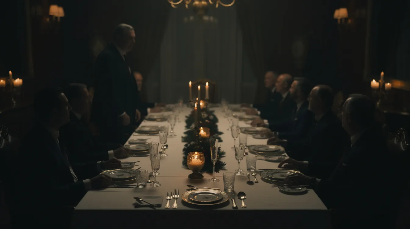 Der dunkle, stimmungsvolle Innenraum zeigt eine festlich gedeckte Tafel, umgeben von Männern in Anzügen, die in Schatten gehüllt sind. Diese Atmosphäre erinnert an die besten Filme der 70er Jahre, wie „Der Pate“ von Francis Ford Coppola, und vermittelt ein Gefühl von Geheimnissen und Intrigen.