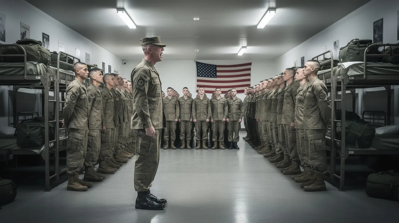 Ein Drill Instructor adressiert eine Gruppe von Marine-Rekruten, die in Formation in einem militärischen Ausbildungslager stehen, während grelles Licht von oben auf sie fällt. Diese Szene erinnert an den Film "Full Metal Jacket" von Stanley Kubrick, in dem die harte Ausbildung und der Vietnamkrieg thematisiert werden.