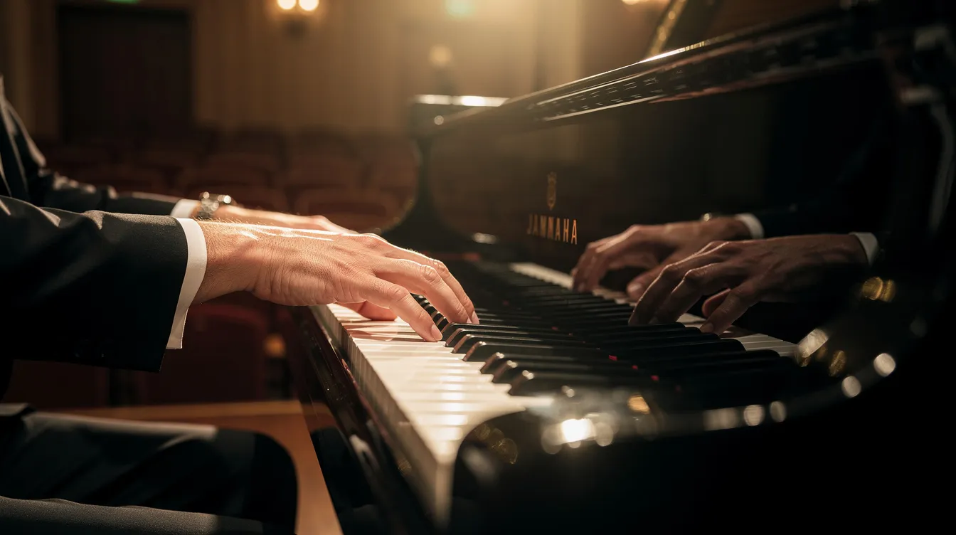 Die Hände eines Pianisten spielen auf den Tasten eines glänzenden schwarzen Konzertflügels, während warmes Scheinwerferlicht den elegant eingerichteten Konzertsaal beleuchtet. Diese Szene erinnert an die musikalischen Momente aus dem Film "Green Book – Eine besondere Freundschaft", der die Beziehung zwischen Dr. Don Shirley und Tony Lip thematisiert.