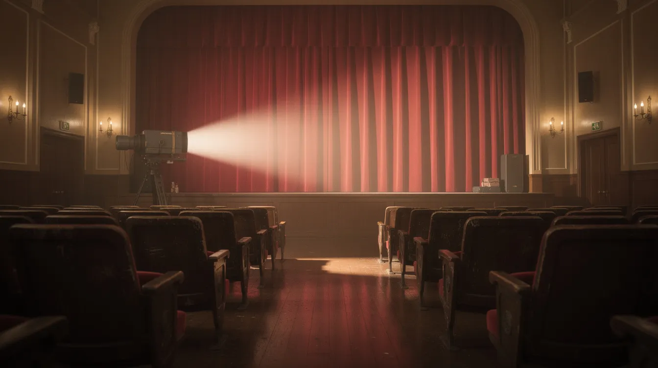 Das Bild zeigt das Innere eines klassischen Repertoire-Kinos mit einem eleganten roten Samtvorhang, alten Holzsitzen und einem leuchtenden Projektor im Hintergrund, der an die glorreichen Tage des Films erinnert, als Quentin Tarantino seine Meisterwerke wie "Pulp Fiction" und "Kill Bill" schuf. Die Atmosphäre ist nostalgisch und einladend, ideal für Filmfans, die die Geschichte des Kinos erleben möchten.