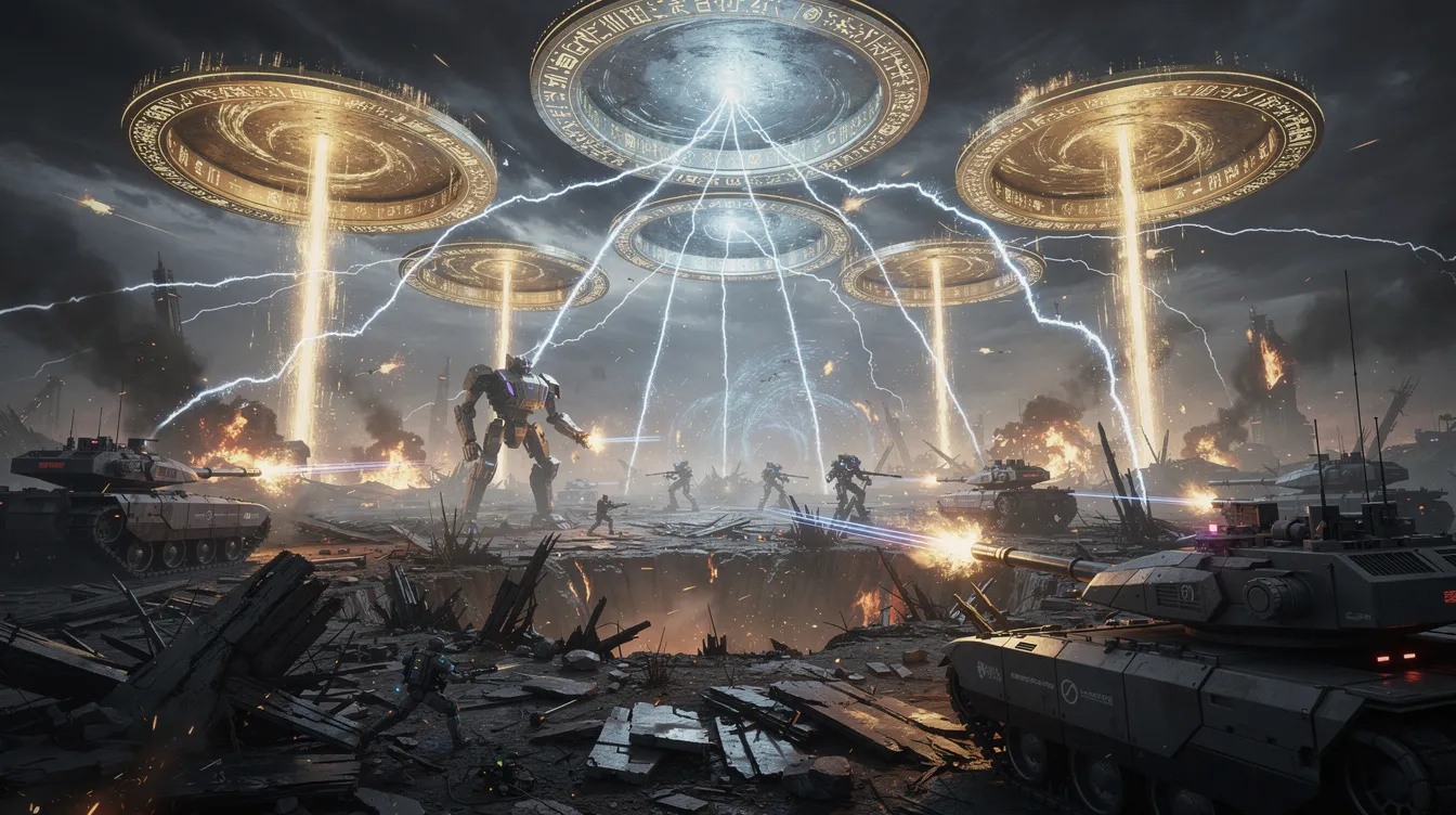 Die dramatische Science-Fiction-Schlachtszene zeigt goldene Portale, aus denen Energieblitze strömen, über einem verwüsteten Schlachtfeld, das von den Auseinandersetzungen der Avengers und Thanos geprägt ist. Diese visuelle Darstellung erinnert an die epischen Momente aus "Avengers: Endgame" und "Infinity War".