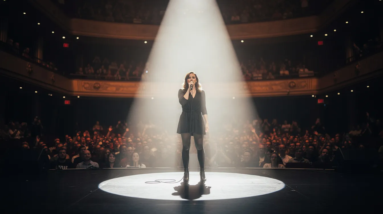 Eine Comedienne steht auf einer großen, beleuchteten Bühne mit einem Mikrofon in der Hand, während ein Spotlight von oben auf sie scheint. Im Hintergrund ist das Publikum zu sehen, das gespannt ihrer Performance lauscht, die Teil einer Preisverleihung oder Gala sein könnte.