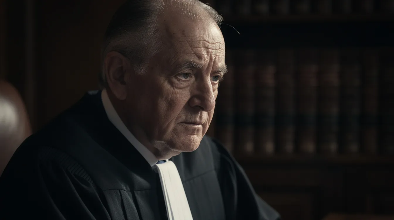 Das Bild zeigt eine Nahaufnahme eines nachdenklichen älteren Mannes in richterlicher Robe, der konzentriert in einem halbdunklen Raum sitzt. Diese Szenerie könnte an den berühmten Film "Das Urteil von Nürnberg" erinnern, in dem die Justiz und die moralischen Fragen des Dritten Reiches thematisiert werden.