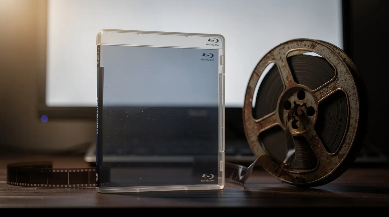 Das Stillleben zeigt eine Blu-ray-Hülle von "Saving Private Ryan" neben einer alten Filmrolle, während im Hintergrund ein moderner Bildschirm mit weichem Seitenlicht leuchtet. Diese Komposition vereint die Welt des klassischen Films mit der modernen Medienlandschaft und erinnert an die bedeutenden Themen des Kriegsfilms, wie sie von Regisseur Steven Spielberg und Schauspieler Tom Hanks dargestellt werden.