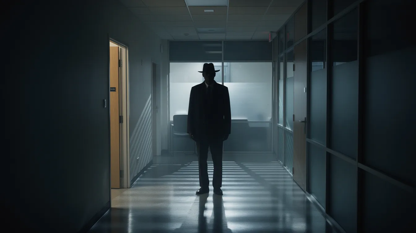 Die dunkle Silhouette eines Mannes mit Hut steht in einem schwach beleuchteten Büroflur, während Schattenmuster von Jalousien auf den Boden und die Wände fallen. Diese Szene erinnert an die Atmosphäre eines klassischen Film Noir, in dem Intrigen und Geheimnisse, ähnlich wie in "Double Indemnity", eine zentrale Rolle spielen.