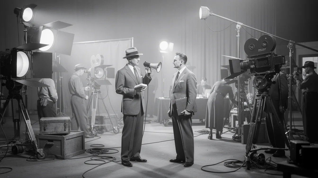 Das Bild zeigt ein Filmset aus den 1940er Jahren, in dem ein Regisseur mit einem Schauspieler in einem Studioinnenraum arbeitet. Die Schwarzweißfotografie vermittelt einen nostalgischen Eindruck der Filmgeschichte und der kreativen Prozesse in dieser Zeit.