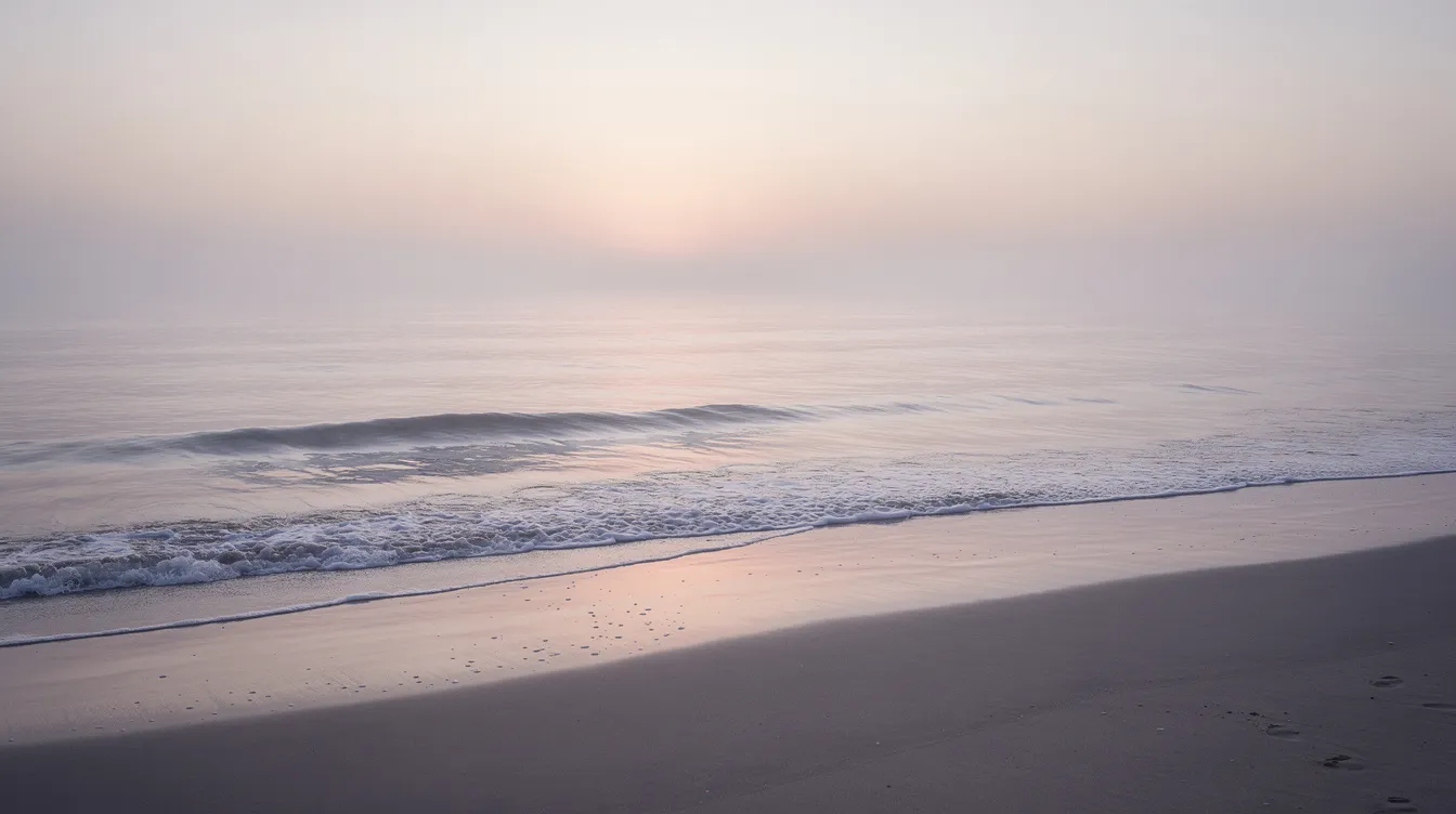 Ein leerer, friedlicher Strand in der Morgendämmerung zeigt sanfte Wellen, die an den Sand schlagen, während diffuses Licht am Horizont die stille Atmosphäre unterstreicht. Diese Szenerie könnte an die ruhigen Momente in Kriegsfilmen wie "Der Soldat James Ryan" erinnern, wo der Kontrast zwischen Frieden und Konflikt stark spürbar ist.