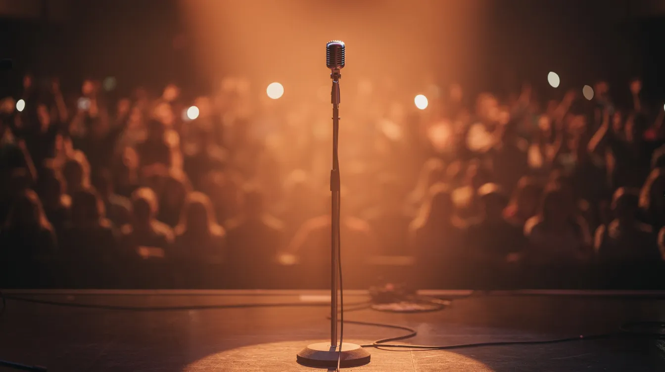 Die Konzertbühne ist in warmen Orangetönen beleuchtet, während ein einzelnes Mikrofon im Spotlight steht. Im Hintergrund ist das Publikum verschwommen zu erkennen, was eine intime Atmosphäre schafft, die an die Emotionen in Pixar-Filmen erinnert.