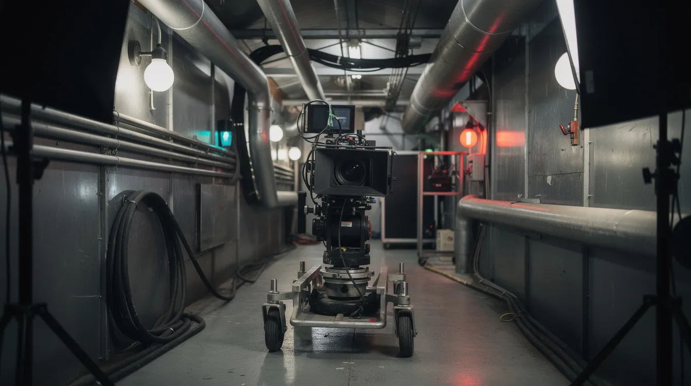 Die Kamera befindet sich auf einem Dolly und bewegt sich durch einen engen metallischen Gang, der von Rohren und Kabeln umgeben ist, was eine authentische Filmset-Atmosphäre erzeugt. Diese Szene könnte an das Setting eines U-Bootes erinnern, das oft in Filmen und Serien über den Zweiten Weltkrieg dargestellt wird.