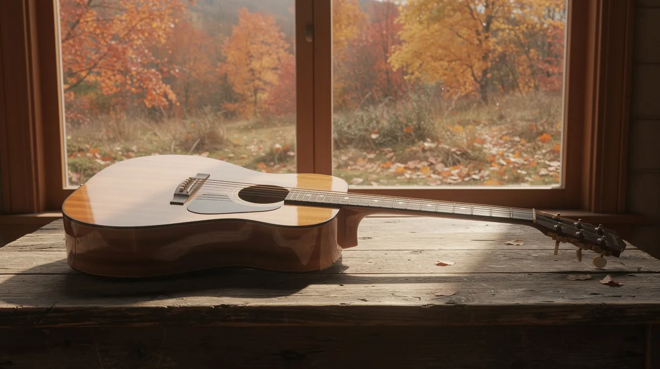 Eine akustische Gitarre liegt auf einem alten Holztisch, während durch das Fenster eine herbstliche Landschaft mit bunten Blättern und sanften Hügeln sichtbar ist. Die Szene strahlt eine ruhige Atmosphäre aus, die zum lebenslangen Lernen und zur kreativen Entfaltung einlädt.