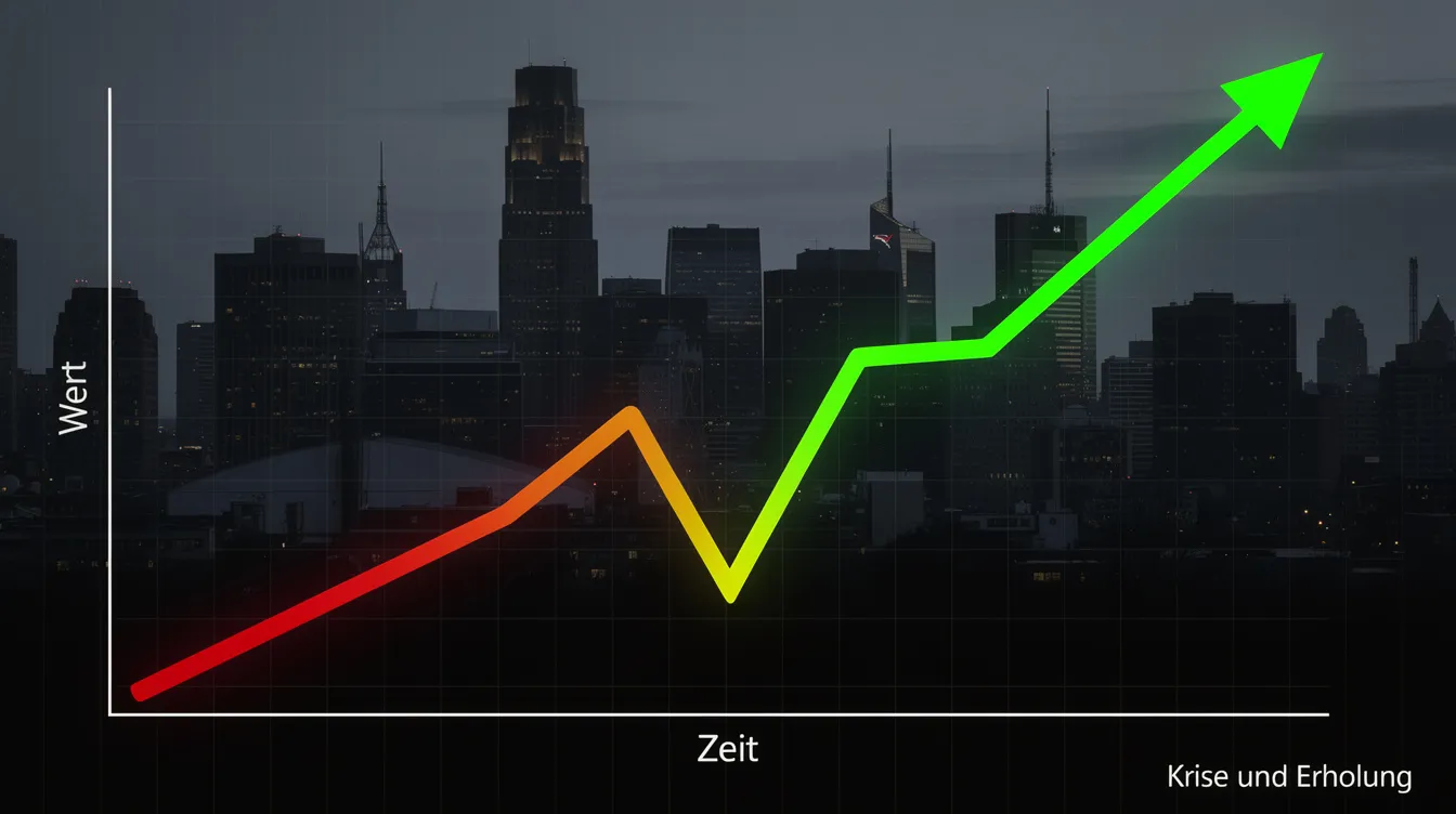 Die dramatische Grafik zeigt eine aufsteigende Kurve, die einen tiefen Fall und einen steilen Aufstieg darstellt, während im Hintergrund die düstere Silhouette von Gotham City zu sehen ist. Diese bildliche Darstellung könnte symbolisch für die Herausforderungen und Triumphe von Figuren wie Bruce Wayne und John Blake in "The Dark Knight Rises" stehen.