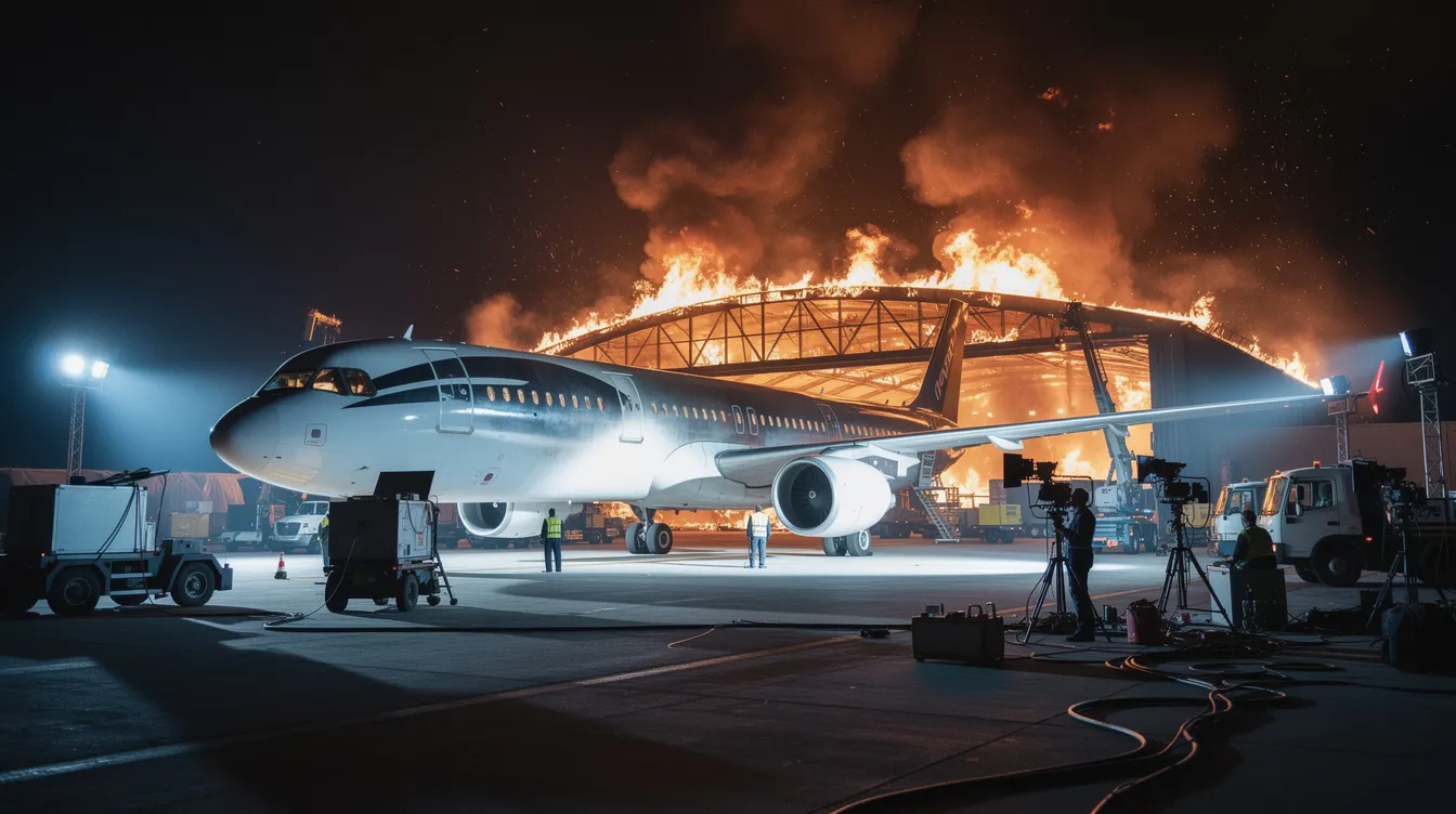 Ein großes Passagierflugzeug steht auf einem Rollfeld bei Nacht, umgeben von hellen Filmscheinwerfern und schwerem Gerät, während im Hintergrund ein Hangar in Flammen steht. Diese dramatische Szene erinnert an die spannungsgeladene Atmosphäre in Christopher Nolans Film "Tenet", der Elemente von Science-Fiction und Spionage miteinander verbindet.