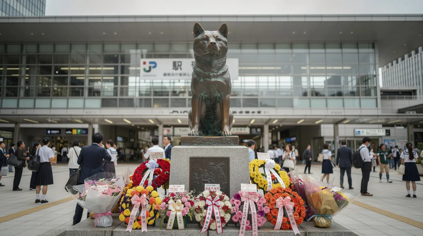 Die Bronzestatue eines Akita-Hundes, die Hachiko darstellt, steht majestätisch vor einem großen städtischen Bahnhofsgebäude in Japan, umgeben von Passanten und bunten Blumengebinden, die die wunderbare Freundschaft zwischen Mensch und Tier symbolisieren. Diese Szene erinnert an die bewegende Geschichte von Hachiko, die in dem berühmten Film "Hachi: A Dog's Tale" erzählt wird.