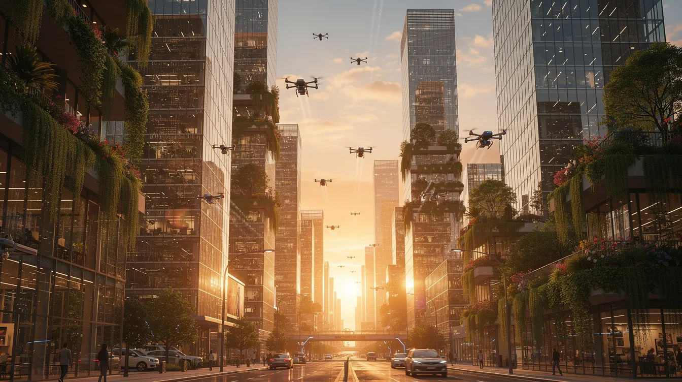 Die futuristische Stadtlandschaft zeigt gläserne Hochhäuser mit vertikalen Gärten, während Drohnen am Himmel fliegen und warmes Sonnenlicht die Fassaden reflektiert. Diese utopische Vision erinnert an Elemente des Science-Fiction-Genres und vermittelt ein Gefühl von Fortschritt und Harmonie in einer modernen Gesellschaft.