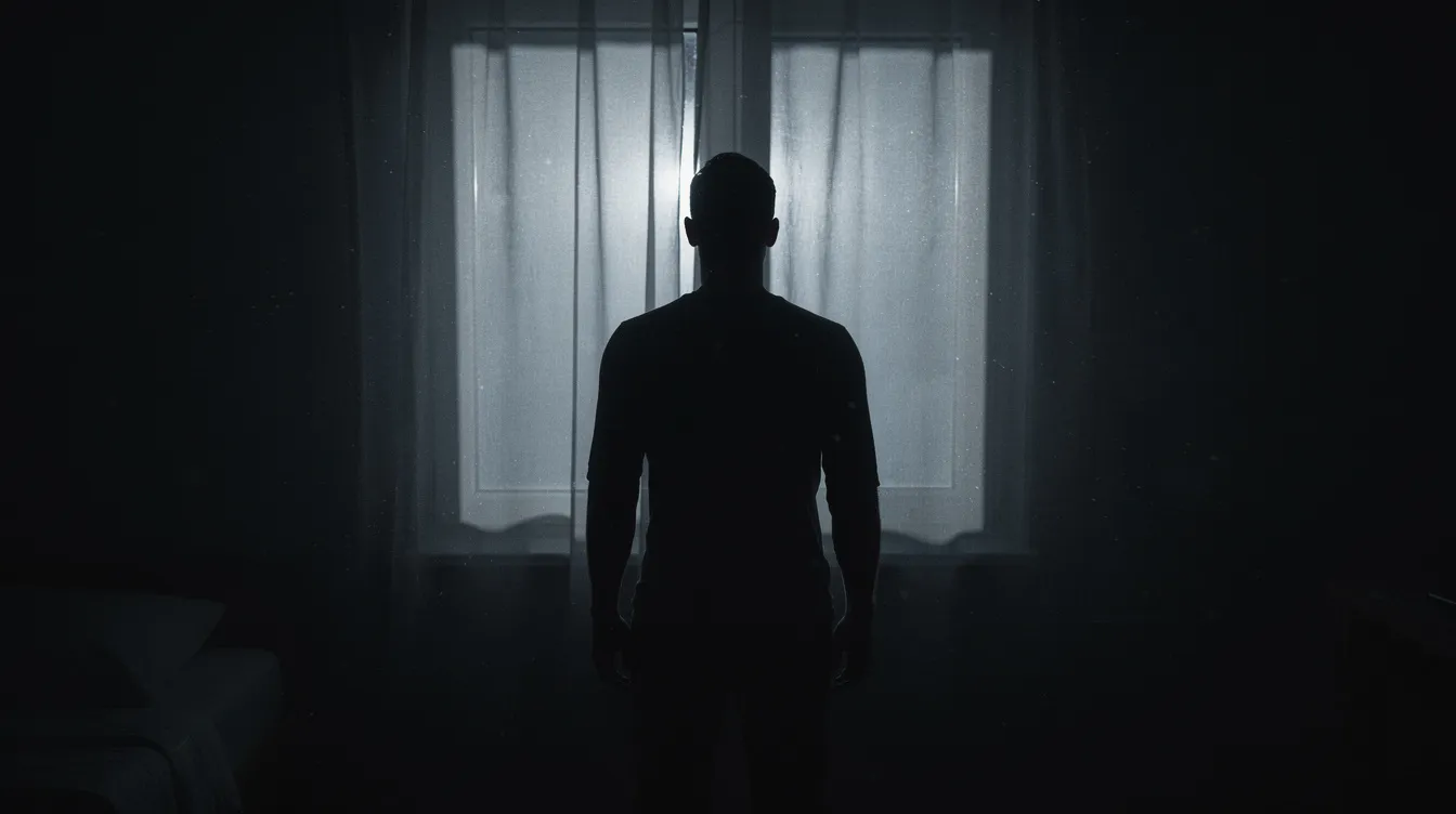 Die dunkle Silhouette einer einzelnen Gestalt steht bedrohlich vor einem schwach beleuchteten Fenster, was ein Gefühl von Angst und Unsicherheit vermittelt, typisch für das Horrorgenre im Kino. Diese Szene könnte direkt aus einem Horrorfilm stammen, in dem die Spannung und das Gefühl der Bedrohung zentral sind.