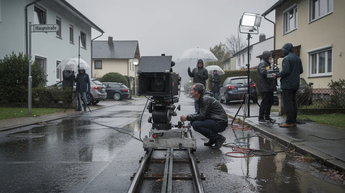 Auf dem Bild sieht man ein Filmkamera-Setup in einer regnerischen Vorstadtstraße, wo Crew-Mitglieder in Regenjacken beschäftigt sind. Schienen für eine Kamerafahrt sind im Vordergrund sichtbar, während der Regen eine melancholische Atmosphäre schafft, die an spannende Thriller erinnert.
