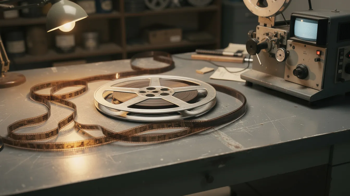 Auf einem Schneidetisch liegt eine Filmrolle aus der Mitte des 20. Jahrhunderts, umgeben von einem analogen Schnittgerät und Filmstreifen. Diese Szene spiegelt die kreative Auseinandersetzung mit dem Medium Film wider, das oft in Werken wie "Zeugin der Anklage" von Agatha Christie thematisiert wird.
