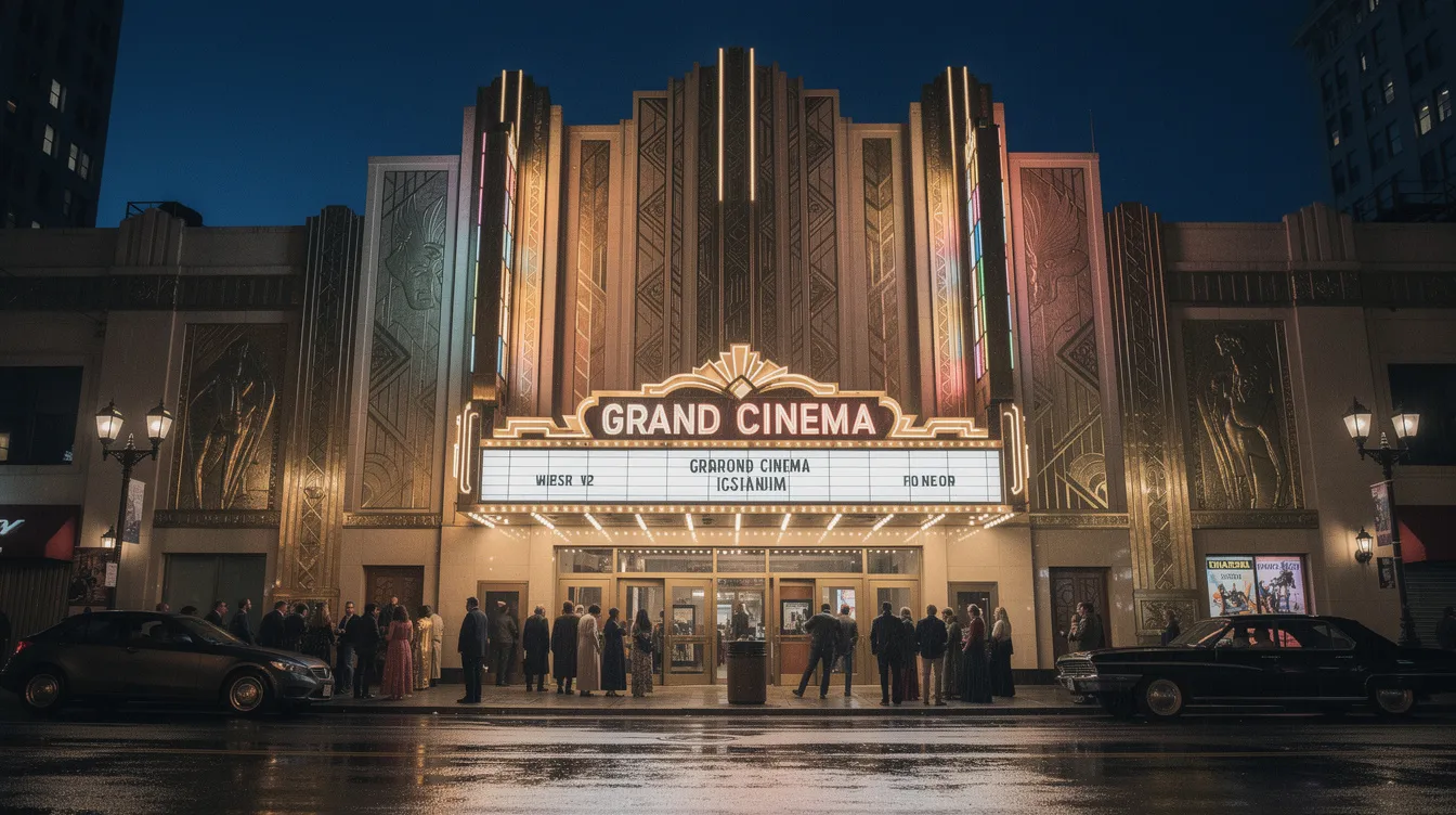 Das Bild zeigt ein großes Art-Déco-Filmtheater bei Nacht, dessen Fassade hell erleuchtet ist, während eine Menschenmenge davor versammelt ist. Die Atmosphäre erinnert an die glamourösen Musicals von Hollywood, wie "Singin' in the Rain", und vermittelt ein Gefühl von Begeisterung und Vorfreude auf die Filmvorführung.