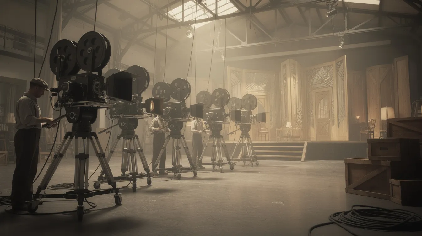 Der Innenraum eines historischen Filmstudios aus den 1930er Jahren zeigt große Scheinwerfer und Filmkameras auf Stativen, während im Hintergrund Holzkulissen zu sehen sind. Diese Kulisse erinnert an die Filmproduktion von Klassikern wie "M" von Fritz Lang, in dem Themen wie Verbrechen und Angst behandelt werden.