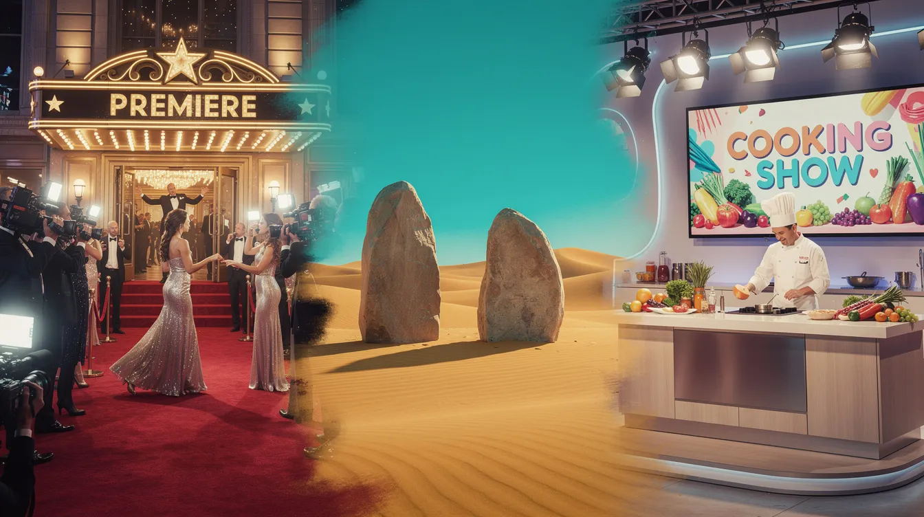 Die Collage zeigt drei verschiedene surrealistische Welten: eine glamouröse Filmpremiere mit roten Teppichen, eine karge Wüstenlandschaft mit zwei auffälligen Steinen und eine lebhafte Kochshow-Szene, die in bunten Farben erstrahlt. Diese Darstellung vereint Elemente des Films "Everything Everywhere All at Once" und spiegelt das Chaos und die Vielfalt des Multiversums wider.