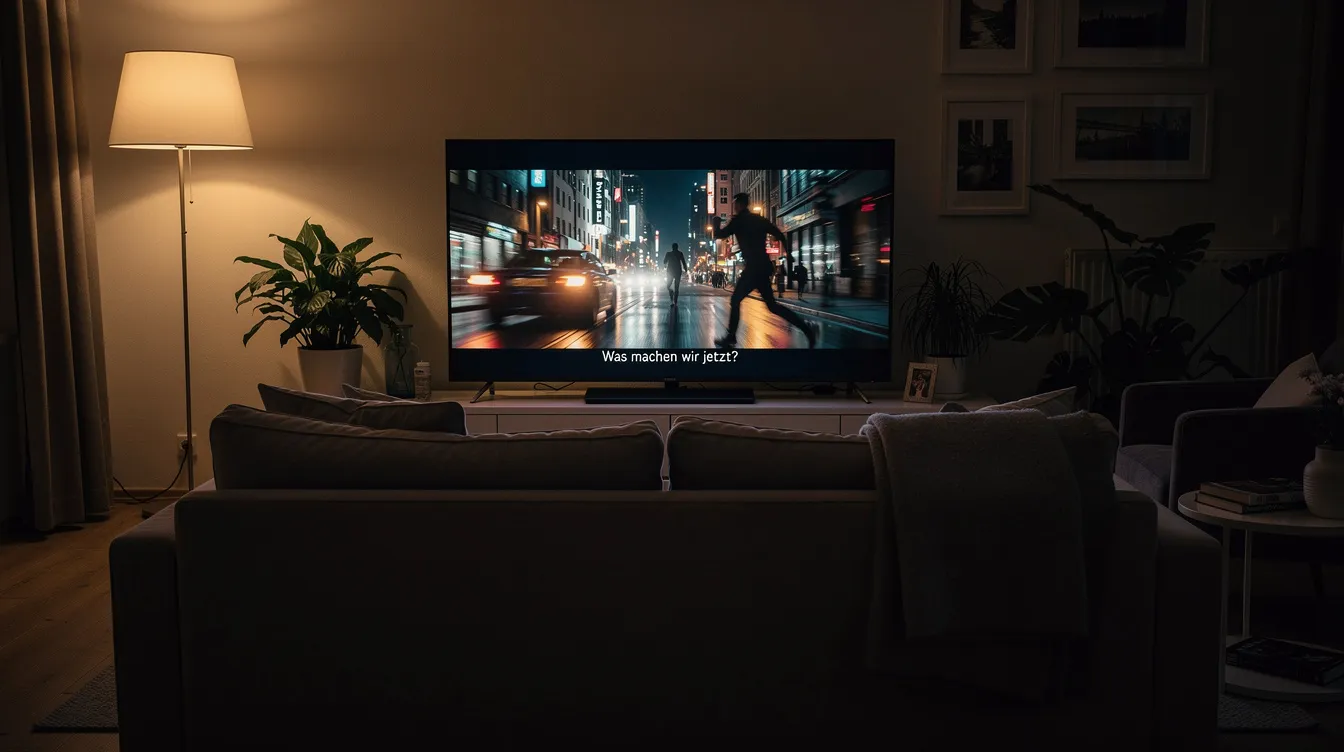 Das Bild zeigt ein gemütliches Wohnzimmer mit abgedunkeltem Licht, in dem ein Fernseher eingeschaltet ist und eine spannende Filmszene aus einem Drama oder Krimi läuft. Im Vordergrund steht ein einladendes Sofa, das zum Entspannen und Genießen der aktuellen Fernsehepisode einlädt.