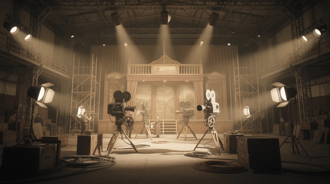 Das Bild zeigt ein historisches Filmstudio aus den 1920er-Jahren mit einem beeindruckenden Bühnenaufbau, Scheinwerfern und Kameratechnik in einer großen Studiohalle. Diese Kulisse spiegelt die Geschichte der deutschen Filmproduktion wider und erinnert an die Stummfilmzeit, die in Städten wie München und Hamburg florierte.