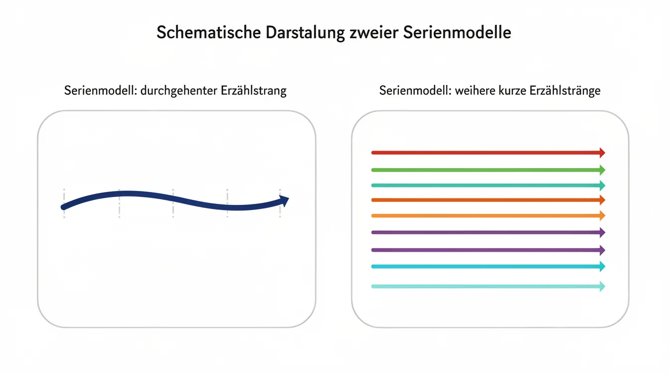 Die schematische Darstellung zeigt links einen durchgehenden Erzählstrang, der eine zusammenhängende Geschichte präsentiert, während rechts mehrere unabhängige kurze Erzählstränge in unterschiedlichen Farben nebeneinander angeordnet sind, was auf die Vielfalt der Anthologie-Serien hinweist. Diese Darstellung verdeutlicht die unterschiedlichen narrativen Formate, die in Serien wie „True Detective“ oder „Black Mirror“ verwendet werden.
