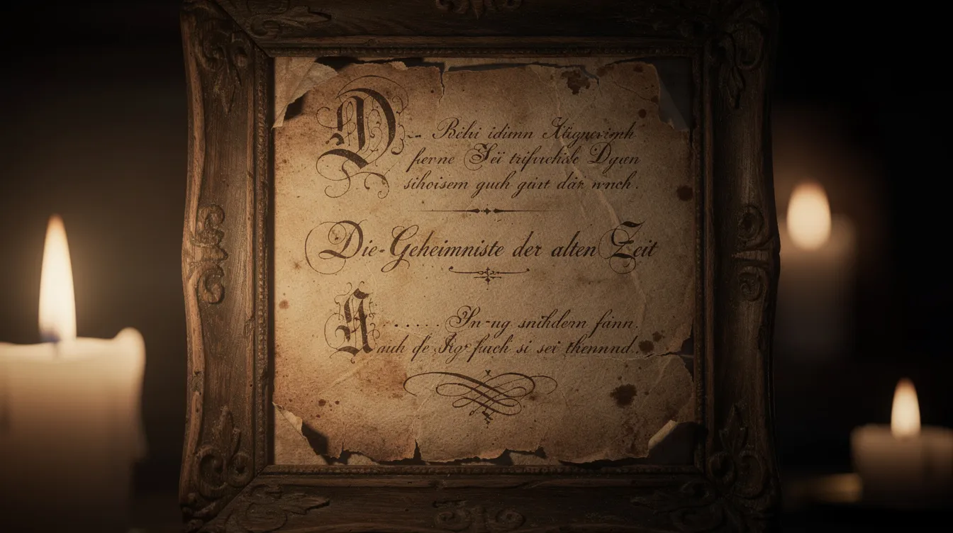 Die alte, vergilbte Buchseite zeigt kunstvoll handgeschriebene Buchstaben, die in einem dunklen Rahmen eingefasst sind. Sie wird stimmungsvoll von Kerzenlicht beleuchtet und vermittelt eine Atmosphäre von Geheimnis und Historie, die an klassische Thriller wie "Se7en" erinnert.