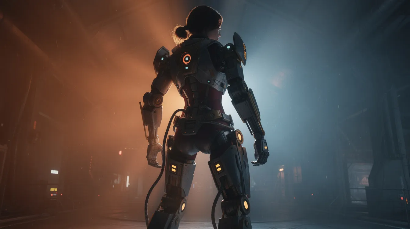 Die Silhouette einer Frau in einem industriellen mechanischen Exoskelett wird von dramatischer Hintergrundbeleuchtung in orange und blau umrahmt, was an die Action-Elemente des Alien-Franchise erinnert. Diese Darstellung könnte an die ikonische Figur Ellen Ripley aus den Filmen von James Cameron und Ridley Scott erinnern, die in einem Kampf gegen das Unbekannte steht.