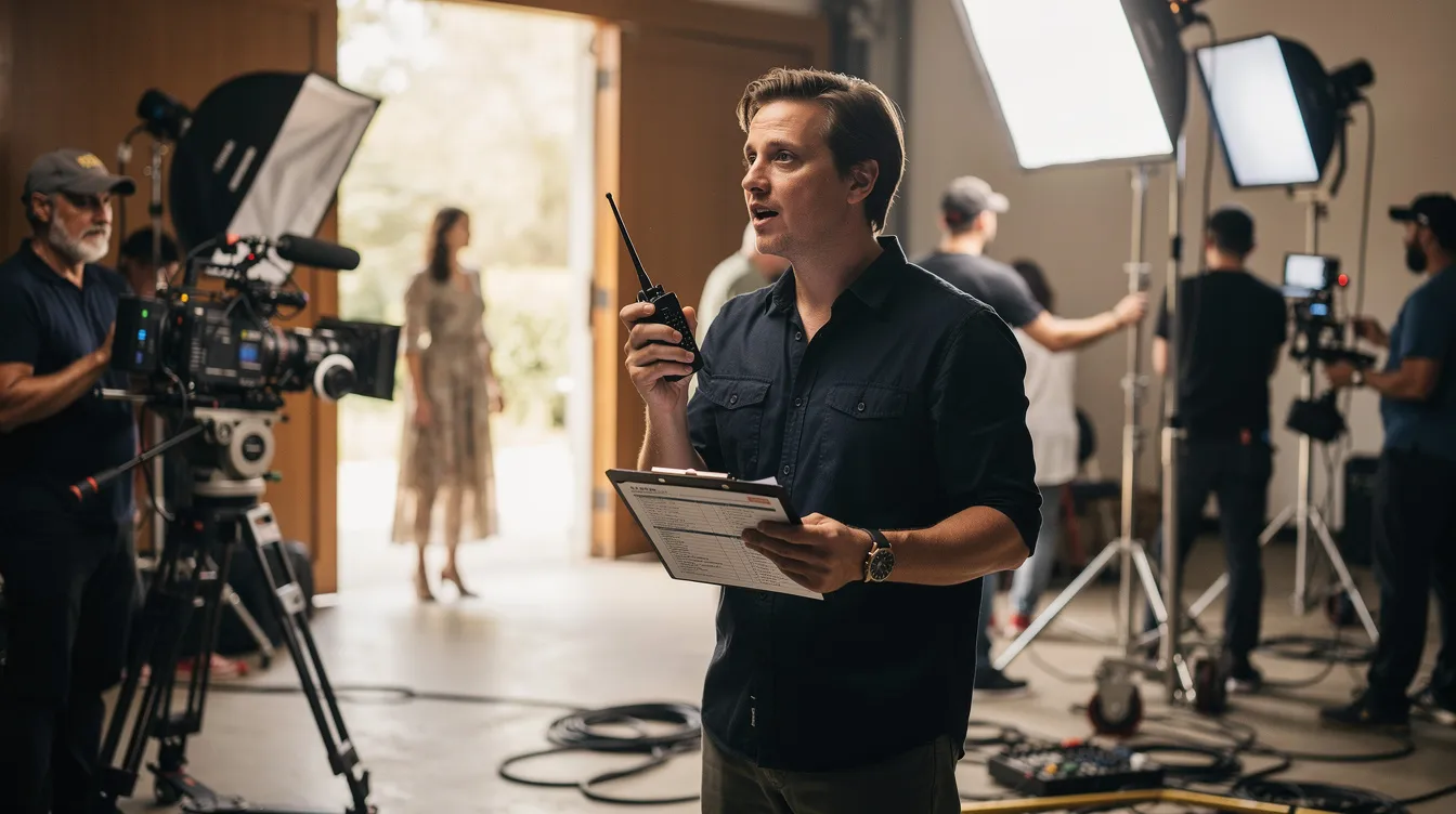 Eine Person mit einem Funkgerät in der Hand steht auf einem belebten Filmset und gibt Anweisungen an Crew-Mitglieder, während sie ein Clipboard hält. Die Szene zeigt die dynamische Zusammenarbeit der Filmcrew, die für die reibungslose Produktion verantwortlich ist.
