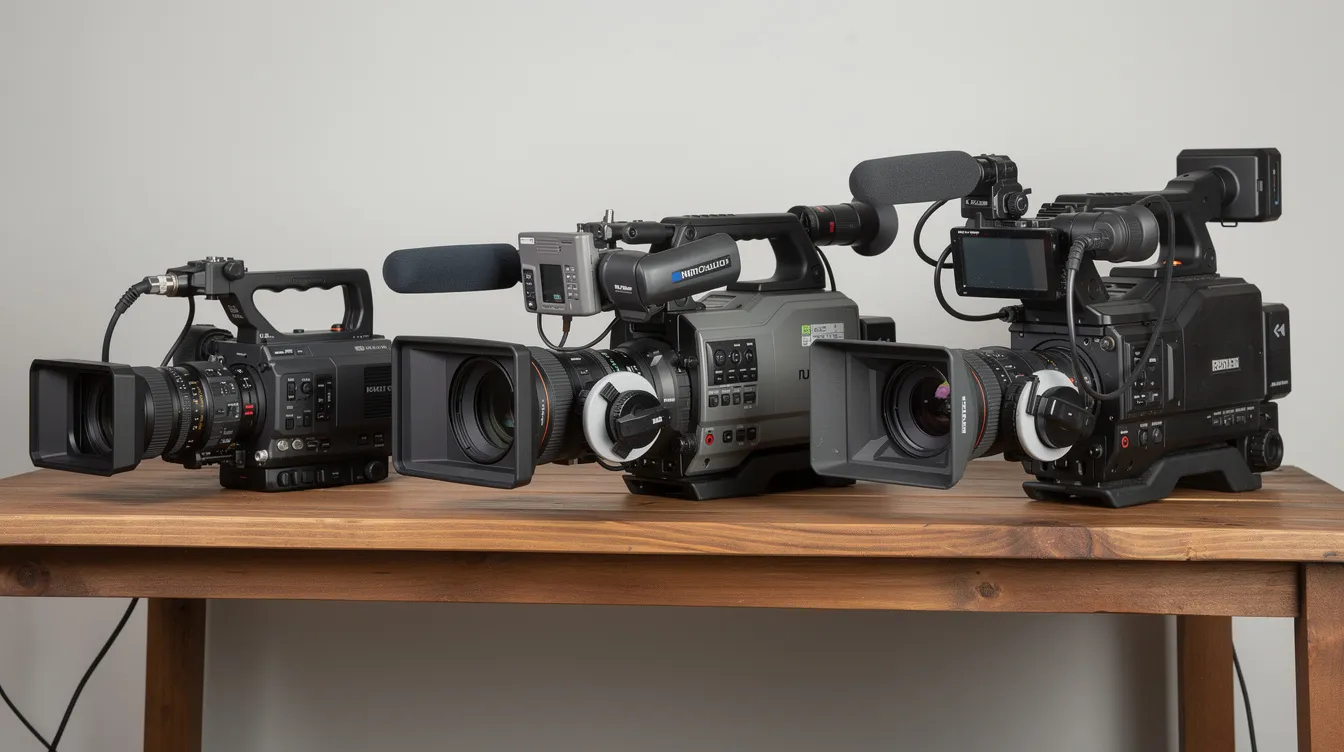 Auf dem Regal stehen drei verschiedene professionelle Schulterkameras nebeneinander, die sich in Größe und Hersteller unterscheiden. Die Kameras, darunter Modelle wie der Sony HVR HD1000E und der JVC, sind ideal für hochwertige Aufnahmen in unterschiedlichen Lichtverhältnissen und bieten eine ausgezeichnete Bildqualität.