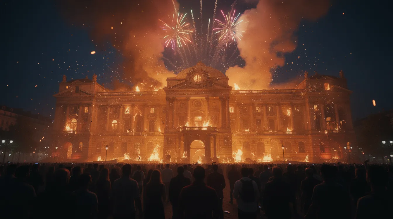 In der nächtlichen Szene leuchtet ein monumentales Gebäude in orangefarbenen Flammen und Feuerwerk, während eine dunkle Menschenmenge davor steht. Diese Darstellung erinnert an die Symbolik aus "V wie Vendetta", wo der Kampf gegen Unterdrückung und Diktatur im Vordergrund steht.