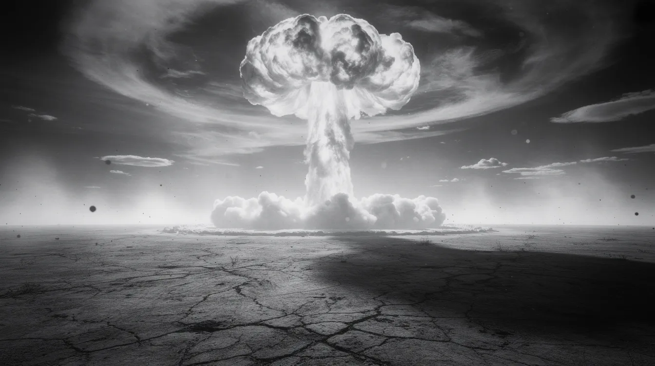 Die dramatische schwarz-weiß Aufnahme zeigt eine imposante Pilzwolke, die über einer leeren, surrealen Landschaft schwebt. Die Lichtverhältnisse verstärken die düstere Atmosphäre und erinnern an die Themen des Kalten Krieges, die in Filmen wie "Dr. Seltsam oder wie ich lernte, die Bombe zu lieben" behandelt werden.