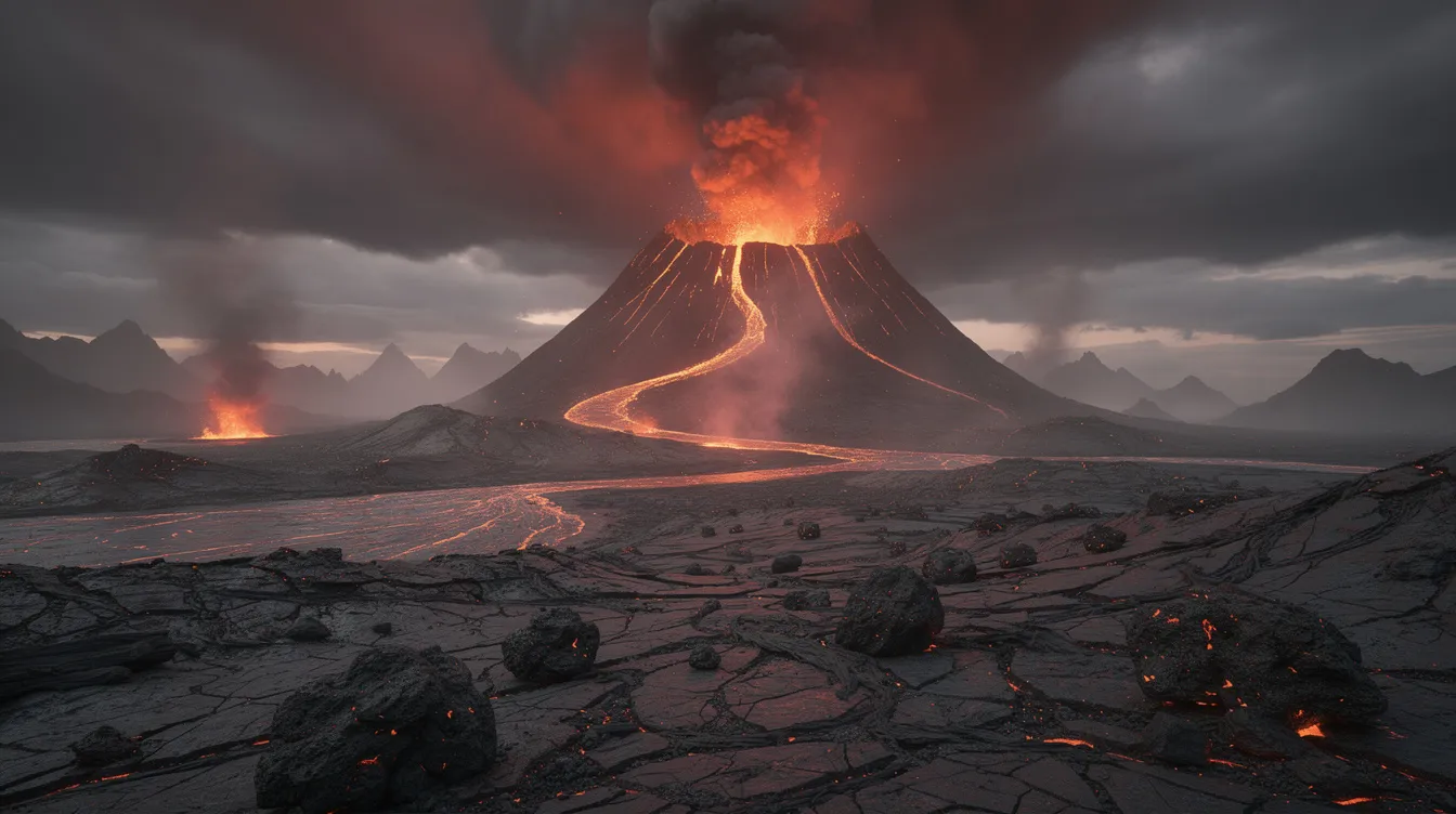 Eine dramatische Vulkanlandschaft mit dunklen Wolken, glühender Lava und aschebedecktem Terrain erstreckt sich bis zum Horizont. Diese Szene erinnert an die epischen Kämpfe in "Der Herr der Ringe: Die Rückkehr des Königs", wo die Armeen Mittelerdes gegen Saurons Macht antreten.
