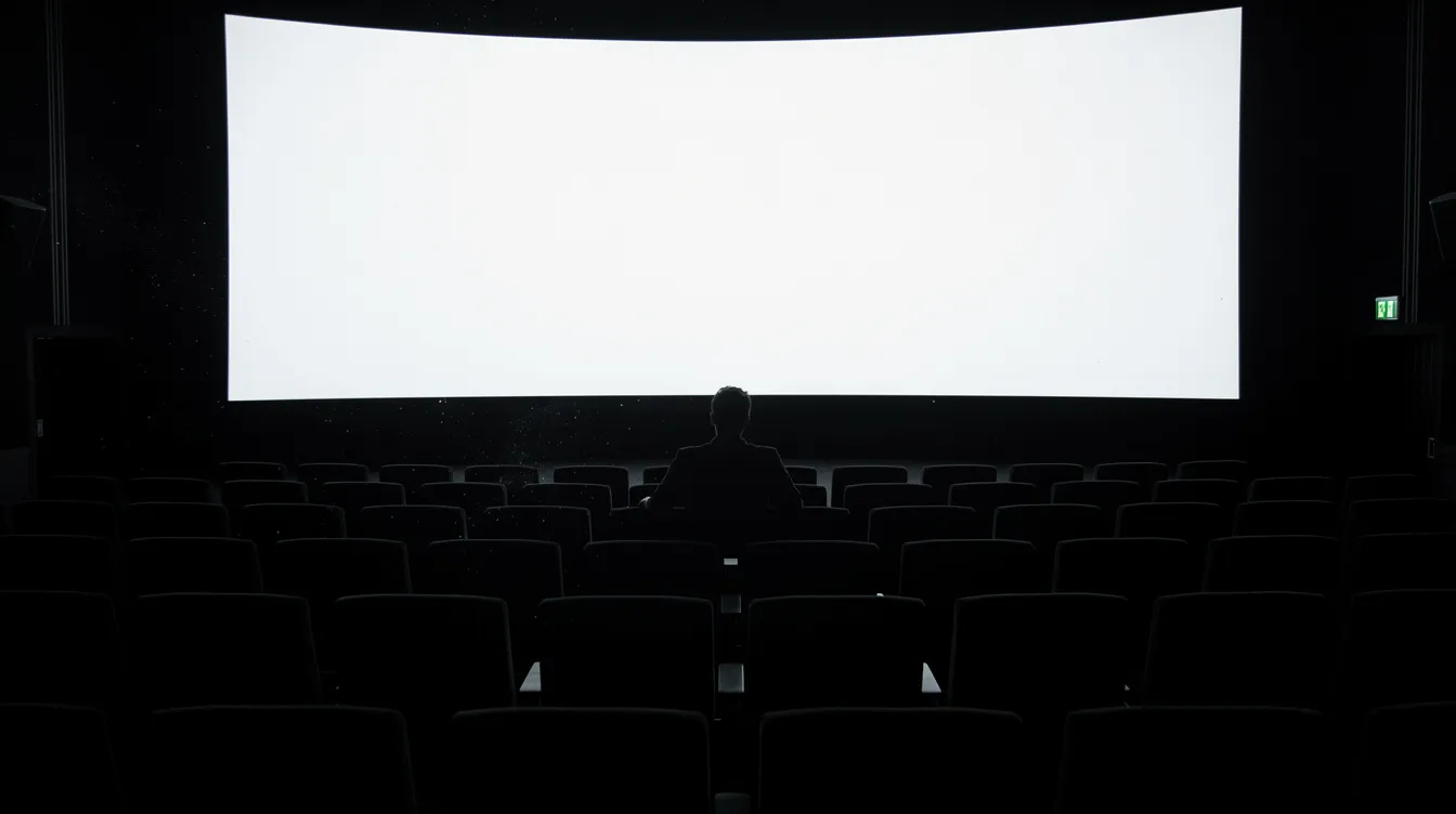 Die Silhouette eines einzelnen Zuschauers sitzt in einem dunklen Kinosaal vor einer riesigen, hell leuchtenden Leinwand, die die Atmosphäre eines actionreichen Films vermittelt. Diese Szene erinnert an die Werke großer Regisseure wie Christopher Nolan und Quentin Tarantino, die das Kino geprägt haben.