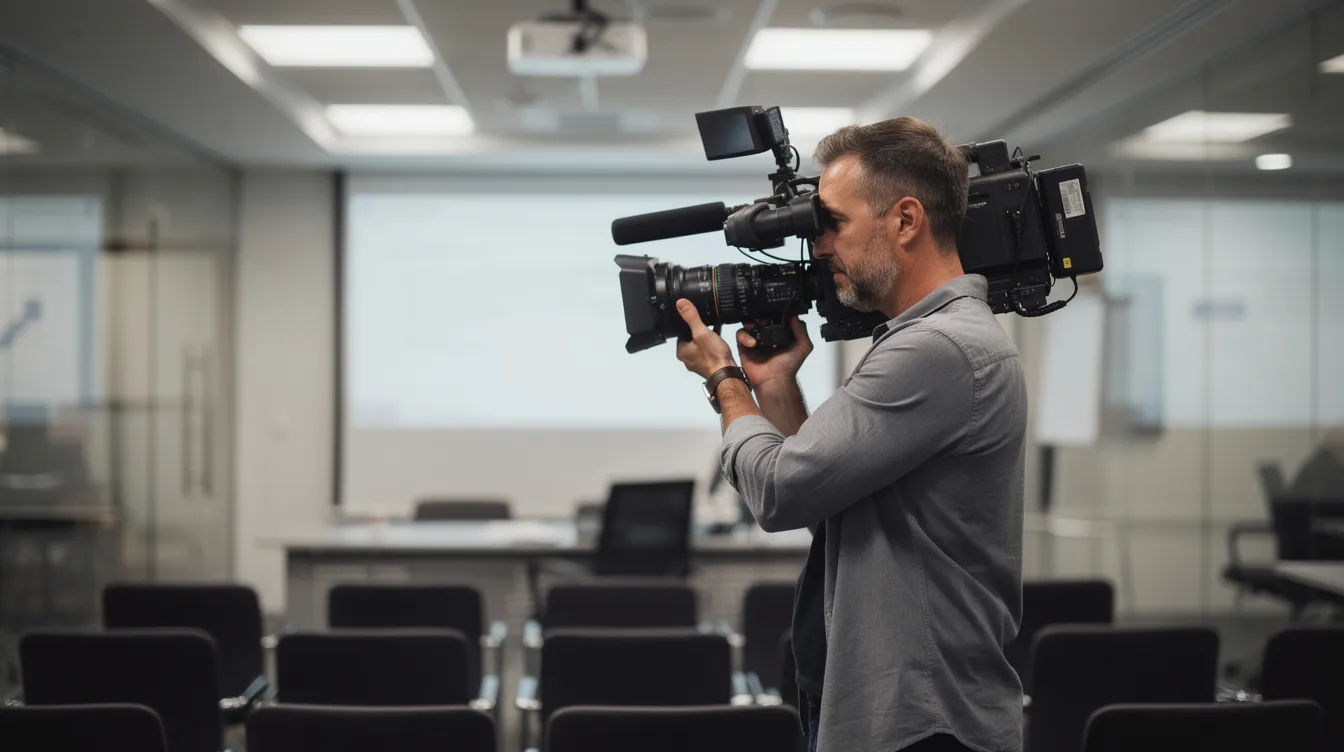 Eine Person steht in einem Konferenzraum, professionell mit einer Schulterkamera auf der rechten Schulter, während sie durch den Sucher schaut. Die Kamera scheint für hochwertige Aufnahmen in Full HD ausgelegt zu sein und deutet auf eine ernsthafte Filmproduktion hin.