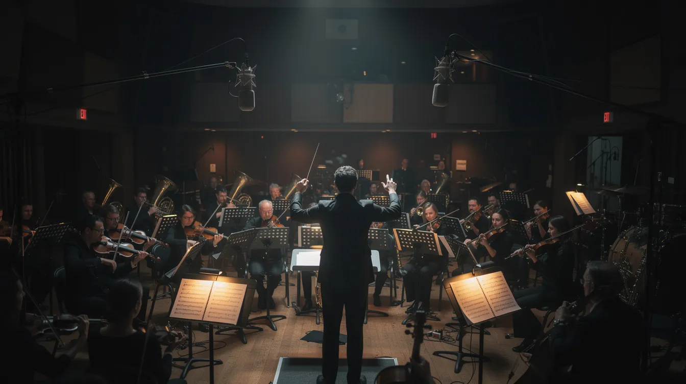 Ein großes Orchester nimmt dramatische Filmmusik in einem dunklen Tonstudio auf, während der Dirigent vor beleuchteten Notenständern steht. Diese Szene könnte Teil der musikalischen Untermalung für einen Film wie "The Dark Knight Rises" sein, der von Christopher Nolan inszeniert wurde.
