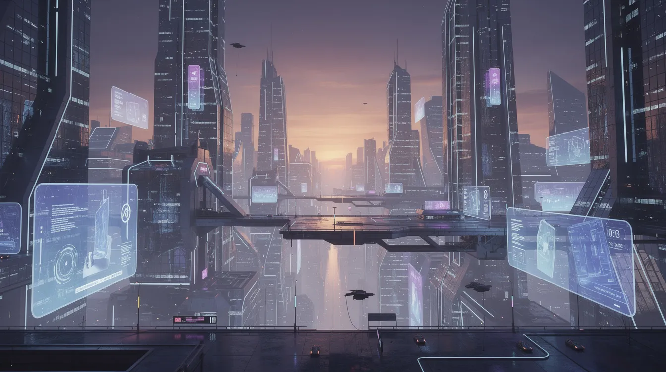 Die futuristische Stadtlandschaft zeigt hoch aufragende Wolkenkratzer, die von Neonlichtern erleuchtet werden, während die Sonne im Hintergrund untergeht. Geometrische Formen und holografische Lichtreflexe in kühlen Blau- und Violetttönen verleihen der Szene eine lebendige Atmosphäre, die an die Welt von "Spider-Man: A New Universe" erinnert.