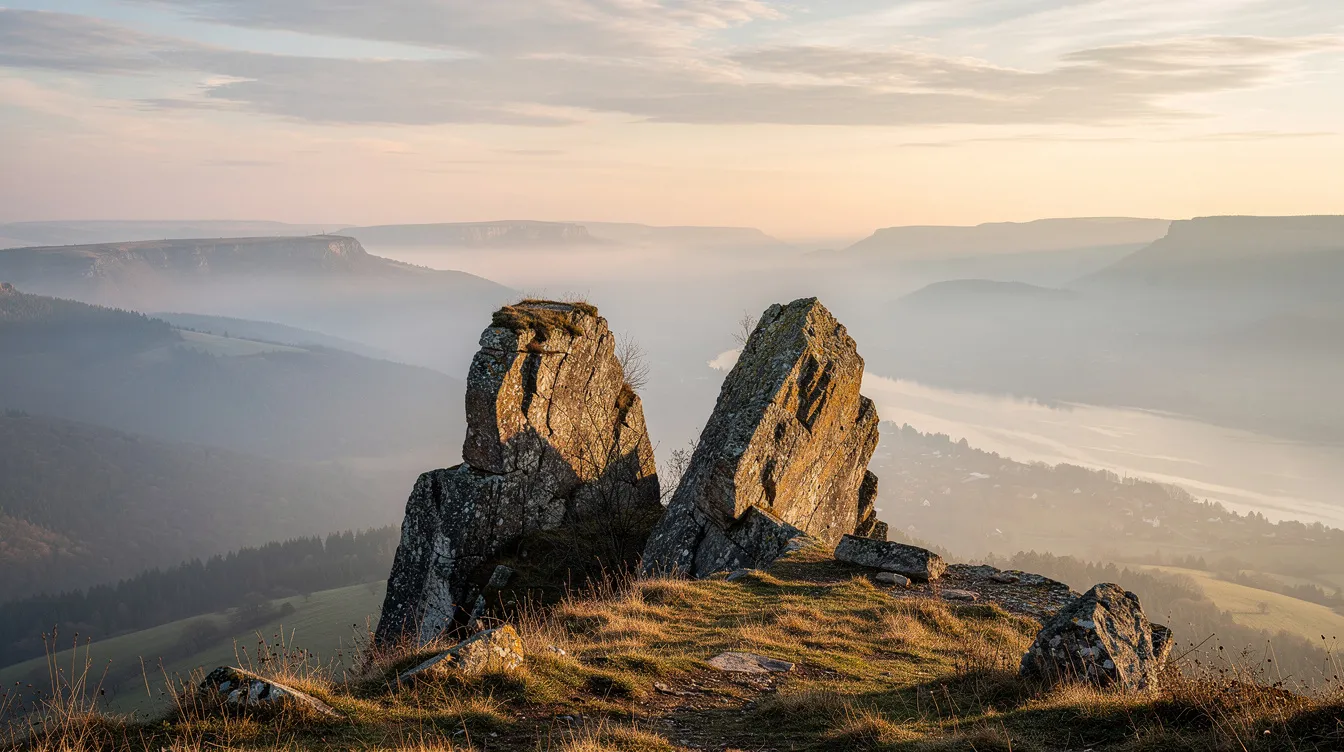 Die ruhige Landschaft zeigt zwei markante Felsen auf einer Klippe, die majestätisch über ein weites, friedliches Tal blicken. Das sanfte Licht schafft eine kontemplative Atmosphäre, die an die Themen von "Everything Everywhere All at Once" erinnert und zum Nachdenken anregt.