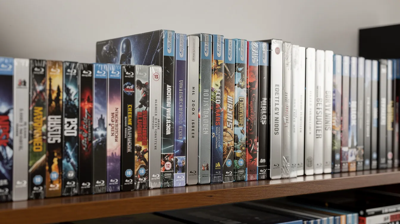 Das Bild zeigt ein Regal, das mit verschiedenen Blu-ray Steelbooks und Sammlerboxen in metallischen Hüllen gefüllt ist. Die Artikel haben bunte Cover und variieren in Größe, was die Vielfalt der Filme und Serien unterstreicht, die auf Amazon.de erhältlich sind.