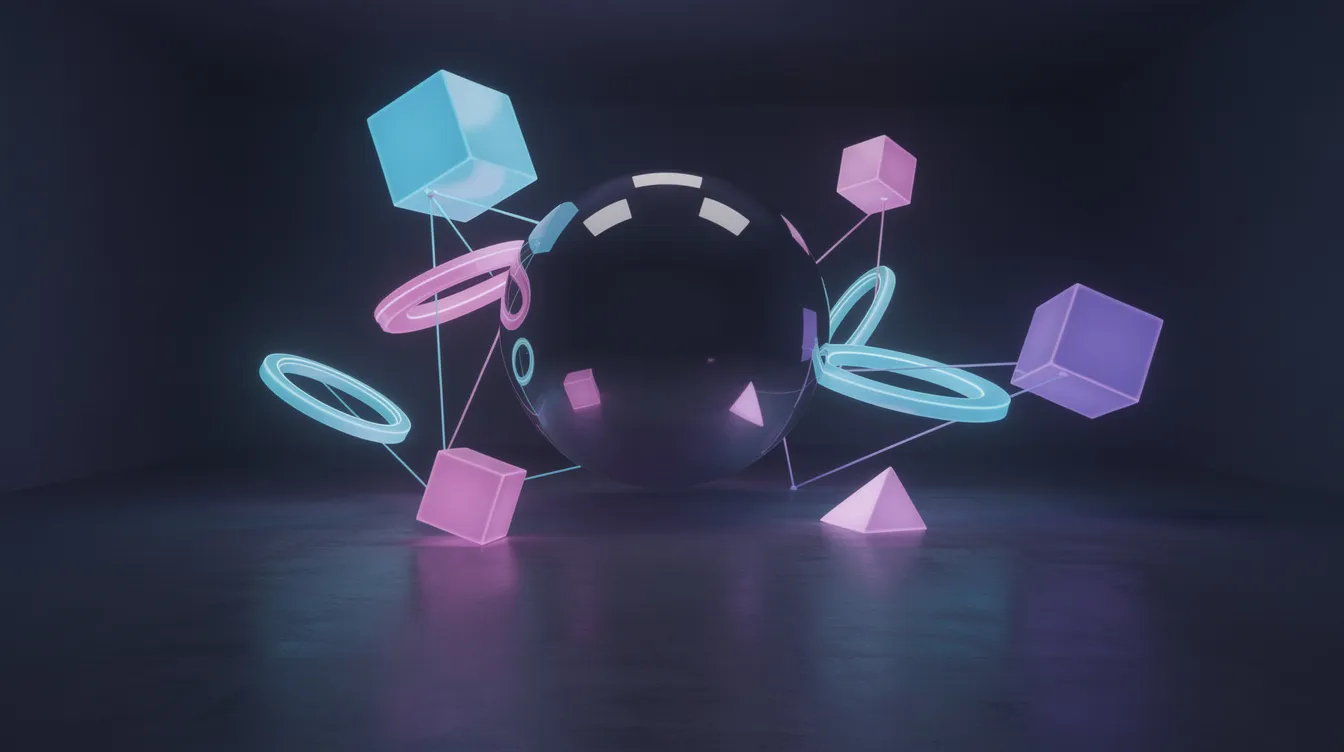 Eine surreale, traumhafte Szene zeigt einen dunklen Raum, in dem leuchtende Farben und schwebende geometrische Formen zu sehen sind, während eine riesige glänzende Kugel im Mittelpunkt steht. Diese visuelle Komposition könnte die kreative Freiheit der Brüder Coen in ihrem Film "The Big Lebowski" widerspiegeln.
