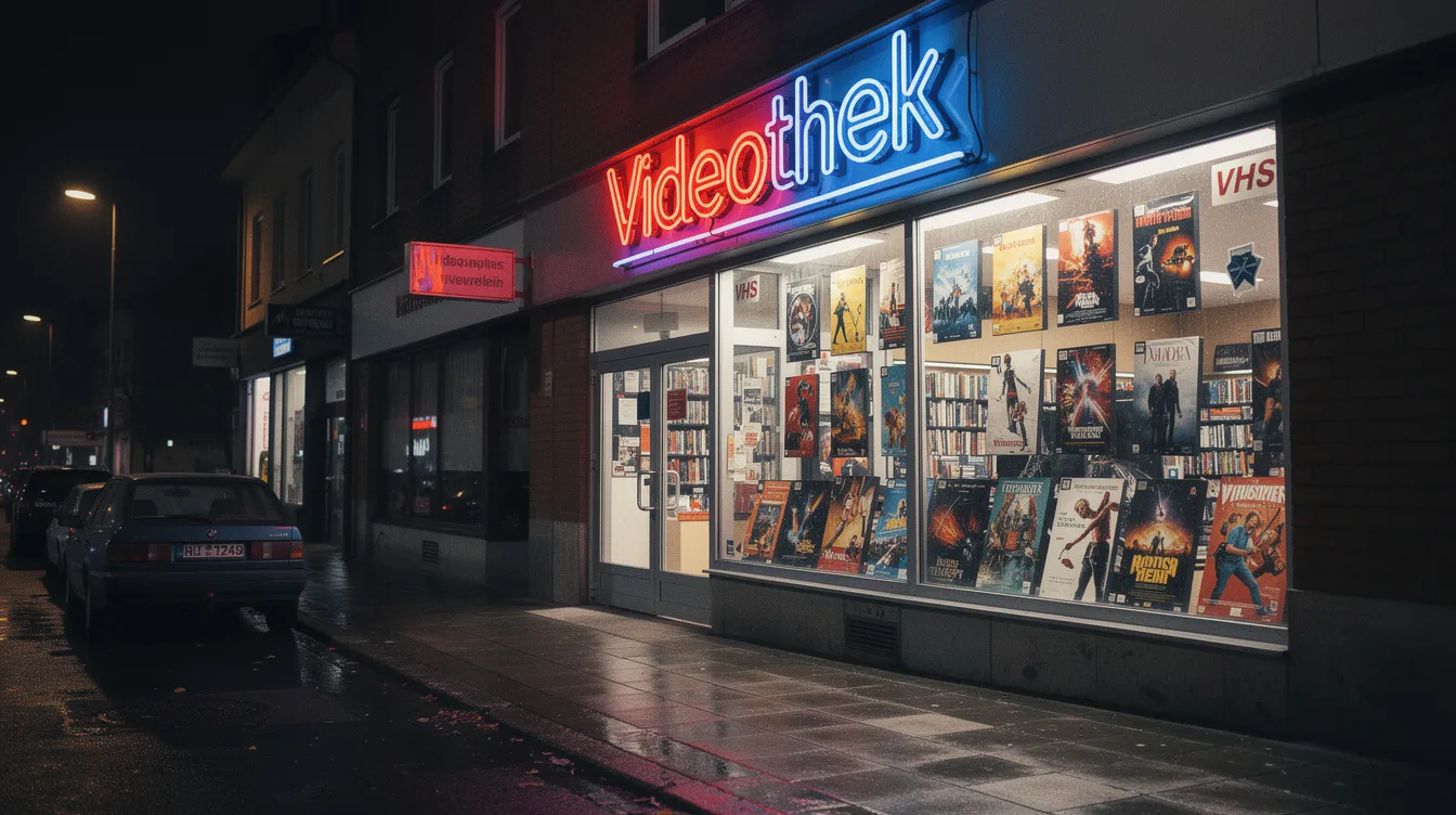 Die Außenansicht einer typischen amerikanischen Videothek aus den 1980er-Jahren zeigt ein Schaufenster mit bunten VHS-Postern und einem leuchtenden Neonschild, das in der Nacht strahlt. Diese nostalgische Kulisse erinnert an Filme wie "Pulp Fiction" und "Reservoir Dogs", die von Regisseur Quentin Tarantino geprägt sind.