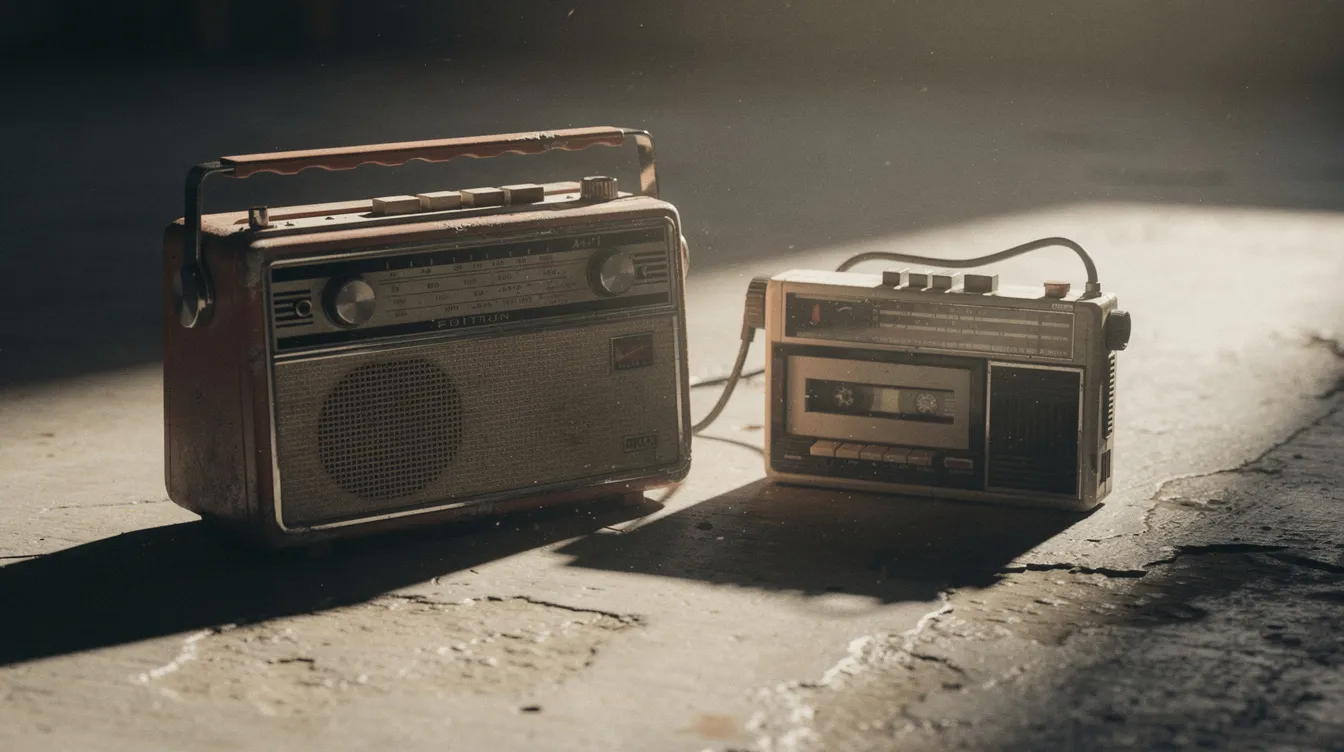 Ein Vintage-Radio im Stil der 1970er Jahre steht auf einem Betonfußboden, daneben liegt ein alter Kassettenrekorder. Warmes Licht strahlt von der Seite und verleiht der Szene eine nostalgische Atmosphäre, die an die Ära von Quentin Tarantino und seinen klassischen Filmen erinnert.