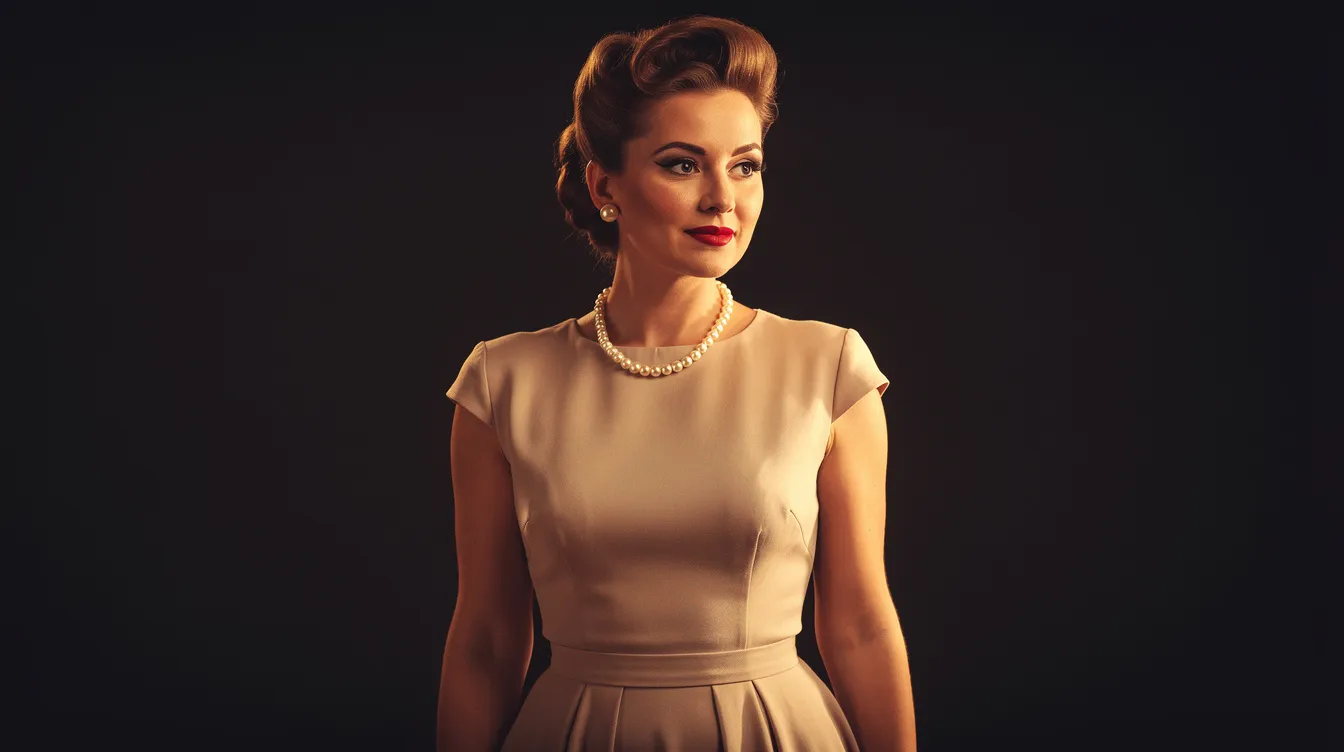 Eine elegante Frau im Stil der 1950er-Jahre mit hochgestecktem Haar und einer Perlenkette trägt ein helles Kleid und steht in warmem Licht vor einem dunklen Hintergrund. Ihr Anblick erinnert an die glamouröse Ästhetik von Grace Kelly und die filmischen Elemente von Hitchcocks "Das Fenster zum Hof".