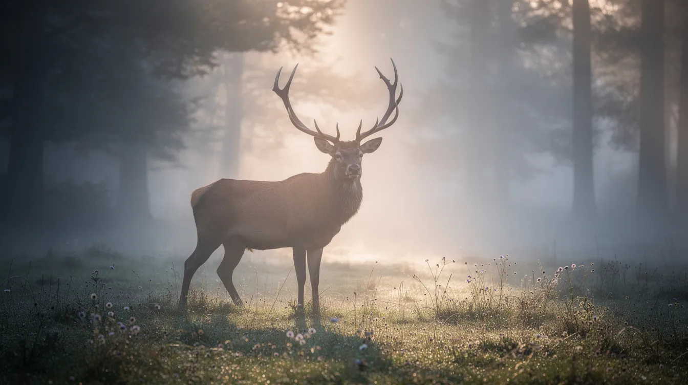 Ein majestätischer Hirsch steht im Morgennebel auf einer Lichtung im Wald, umgeben von sanften, grünen Pflanzen. Die ruhige Atmosphäre und die mystische Stimmung erinnern an Szenen aus dem Film "Die Hirschjäger – The Deer Hunter".
