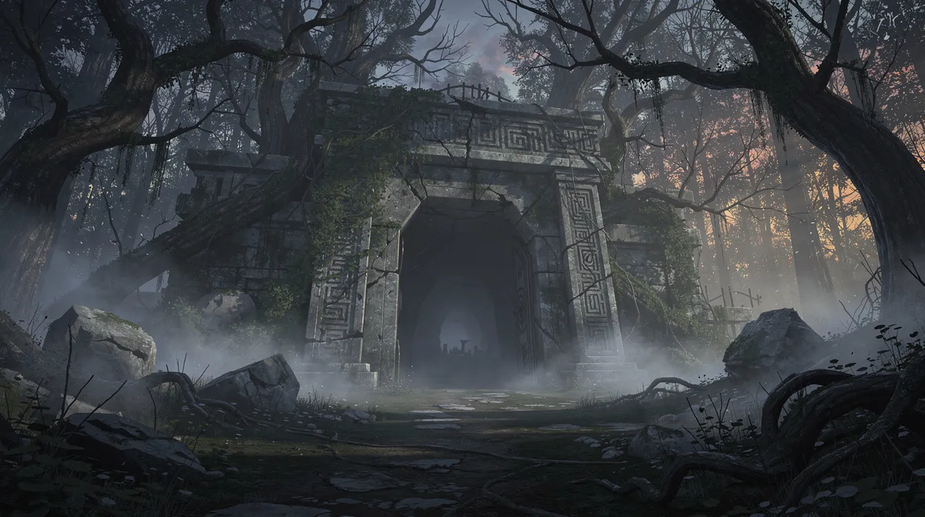Ein düsterer Steineingang zu einem antiken Labyrinth ist von dichtem Nebel umgeben und befindet sich in einem geheimnisvollen Wald bei Dämmerung. Diese Szene erinnert an die Atmosphäre aus "Pan's Labyrinth" und vermittelt ein Gefühl von Spannung und Fantasie.