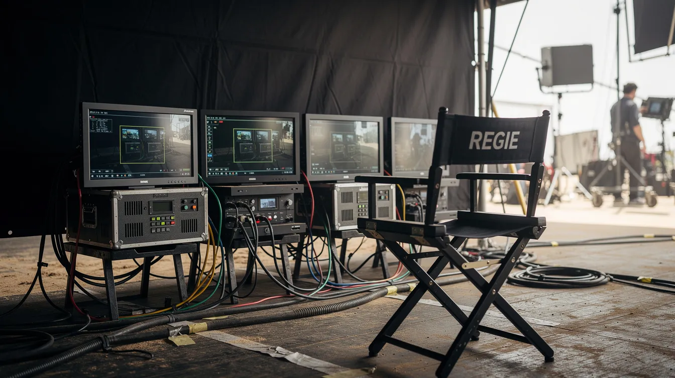 Das Bild zeigt mehrere Regisseur-Monitore, die unter einem schwarzen Sonnenschutzzelt am Set aufgestellt sind. Vor den Monitoren steht ein Regiesessel, umgeben von Kabeln, was auf die technische Ausstattung und die Zusammenarbeit des Kamera-Teams während der Filmproduktion hinweist.