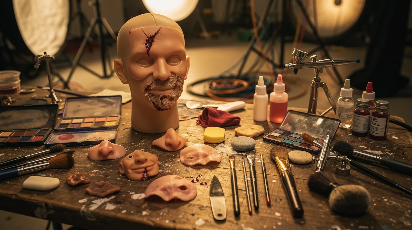 Auf einem Arbeitstisch in einem Filmstudio liegen theatralische Prothesen und Schminkutensilien, die von warmem Licht beleuchtet werden. Diese Utensilien erinnern an die beeindruckende Darstellung des Elefantenmenschen, wie sie in David Lynchs Film mit John Hurt und Anthony Hopkins zu sehen ist.